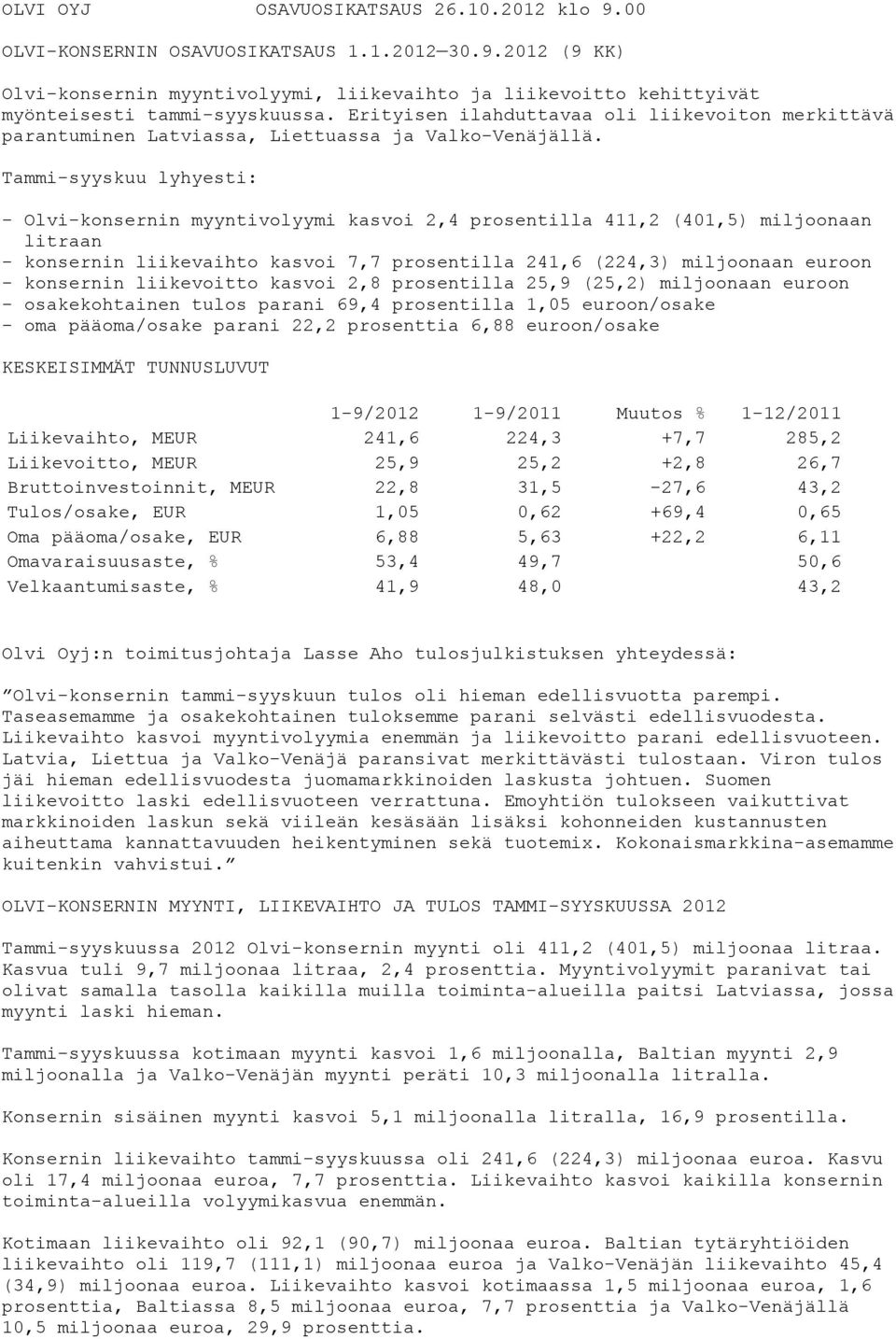 Tammi-syyskuu lyhyesti: - Olvi-konsernin myyntivolyymi kasvoi 2,4 prosentilla 411,2 (401,5) miljoonaan litraan - konsernin liikevaihto kasvoi 7,7 prosentilla 241,6 (224,3) miljoonaan euroon -