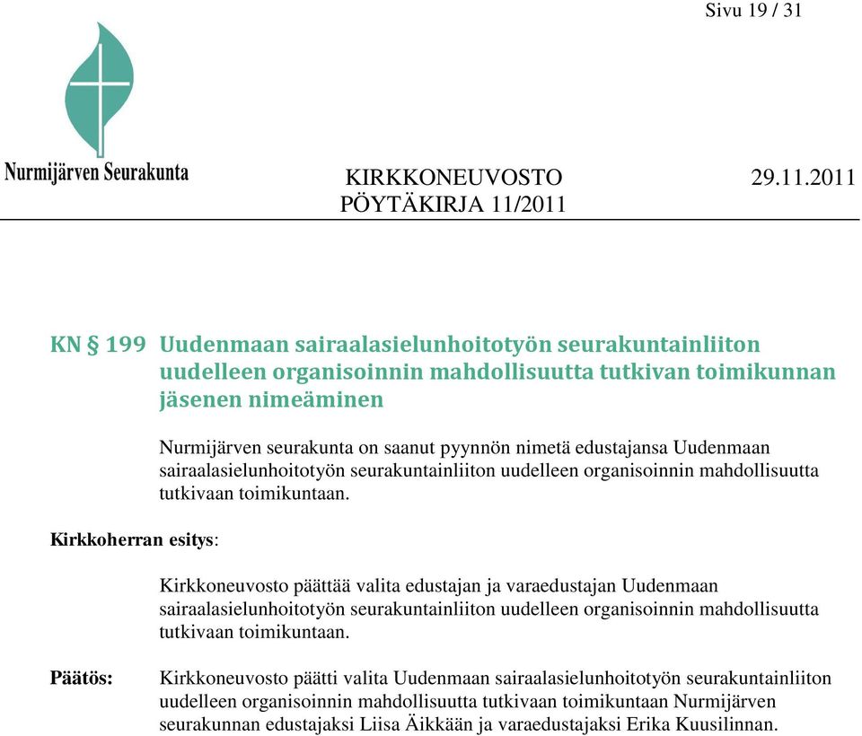 Kirkkoneuvosto päättää valita edustajan ja varaedustajan Uudenmaan sairaalasielunhoitotyön seurakuntainliiton uudelleen organisoinnin mahdollisuutta tutkivaan toimikuntaan.