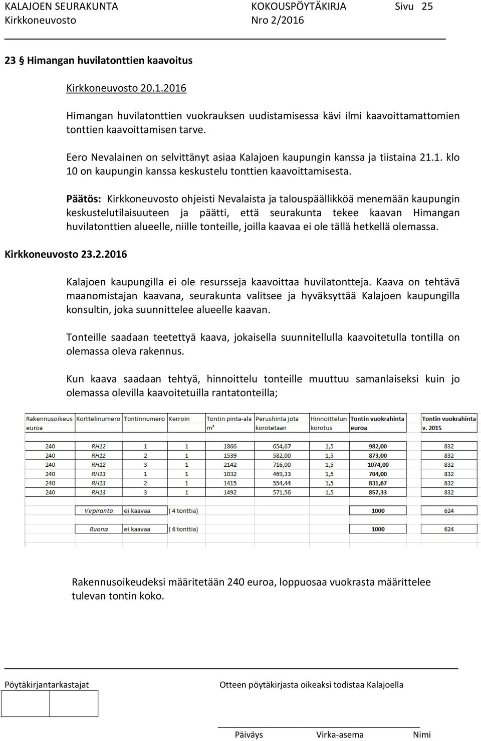 Päätös: Kirkkoneuvosto ohjeisti Nevalaista ja talouspäällikköä menemään kaupungin keskustelutilaisuuteen ja päätti, että seurakunta tekee kaavan Himangan huvilatonttien alueelle, niille tonteille,