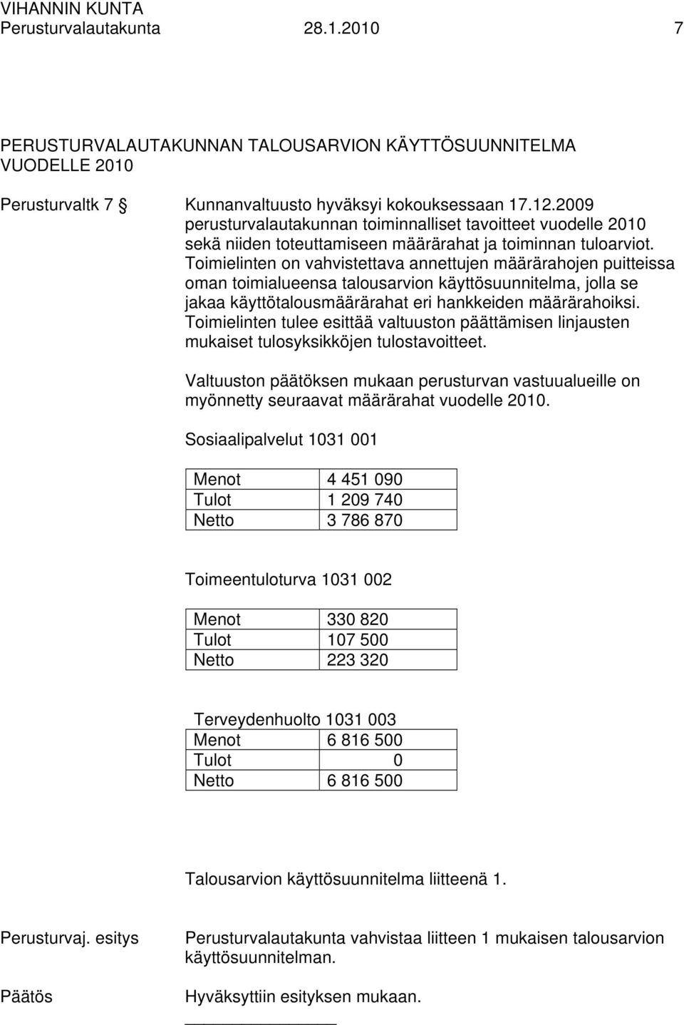 Toimielinten on vahvistettava annettujen määrärahojen puitteissa oman toimialueensa talousarvion käyttösuunnitelma, jolla se jakaa käyttötalousmäärärahat eri hankkeiden määrärahoiksi.