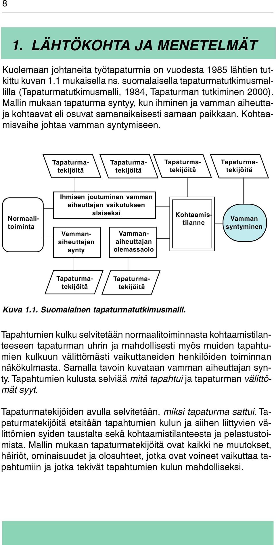 Mallin mukaan tapaturma syntyy, kun ihminen ja vamman aiheuttaja kohtaavat eli osuvat samanaikaisesti samaan paikkaan. Kohtaamisvaihe johtaa vamman syntymiseen.