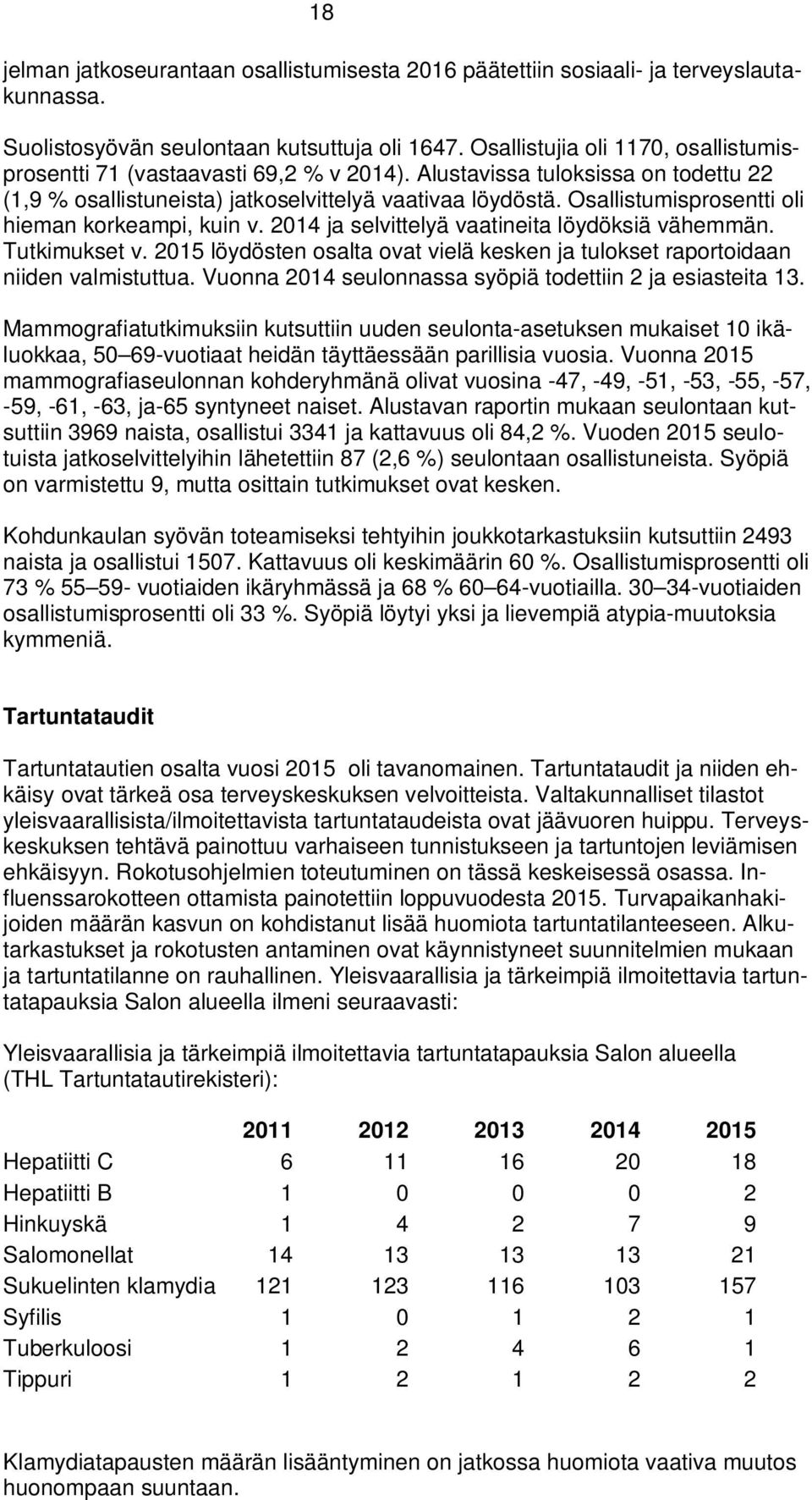 Osallistumisprosentti oli hieman korkeampi, kuin v. 2014 ja selvittelyä vaatineita löydöksiä vähemmän. Tutkimukset v. löydösten osalta ovat vielä kesken ja tulokset raportoidaan niiden valmistuttua.