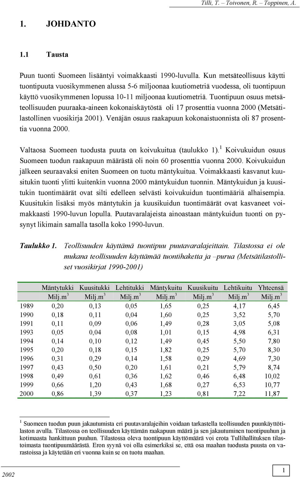 Tuontipuun osuus metsäteollisuuden puuraaka-aineen kokonaiskäytöstä oli 17 prosenttia vuonna 2 (Metsätilastollinen vuosikirja 21). Venäjän osuus raakapuun kokonaistuonnista oli 87 prosenttia vuonna 2.