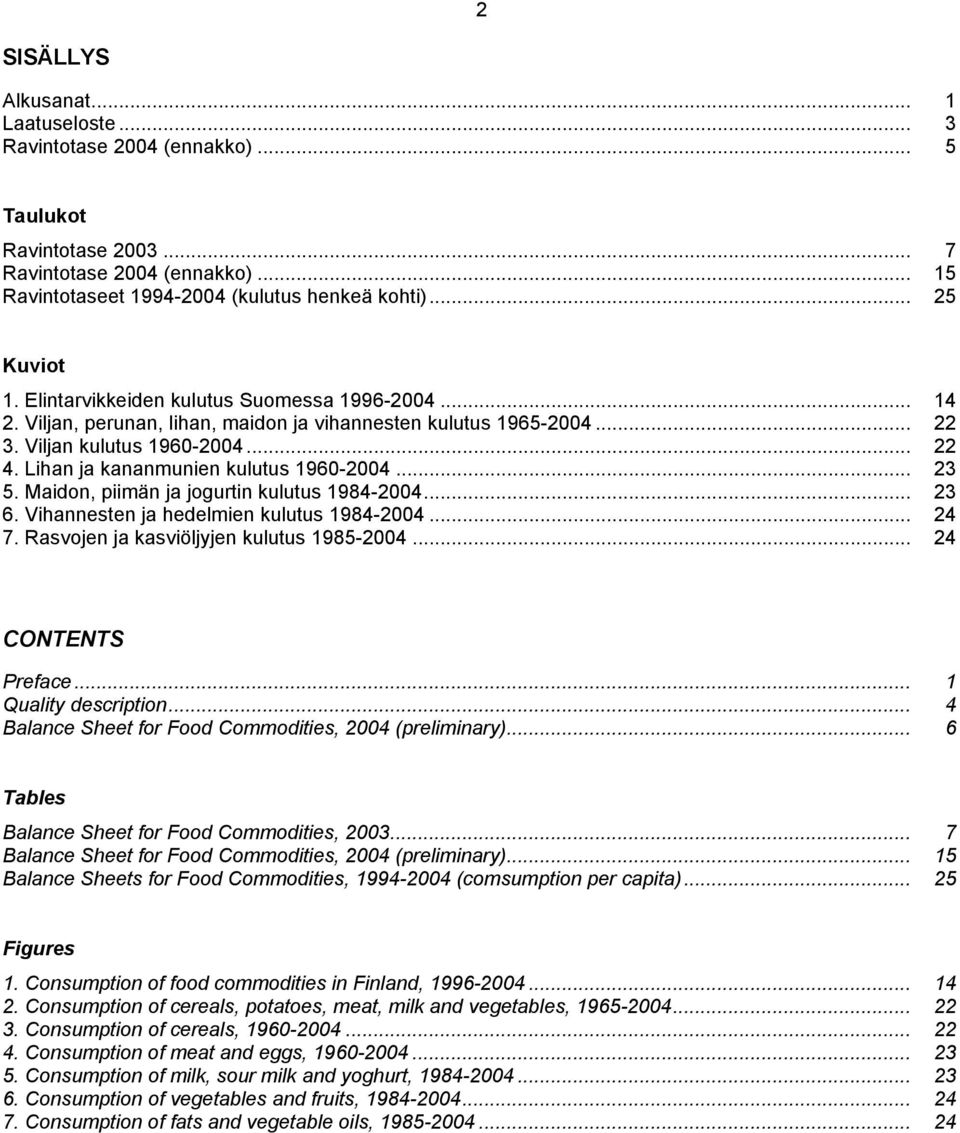 .. 23 5. Maidon, piimän ja jogurtin kulutus 1984-2004... 23 6. Vihannesten ja hedelmien kulutus 1984-2004... 24 7. Rasvojen ja kasviöljyjen kulutus 1985-2004... 24 CONTENTS Preface.