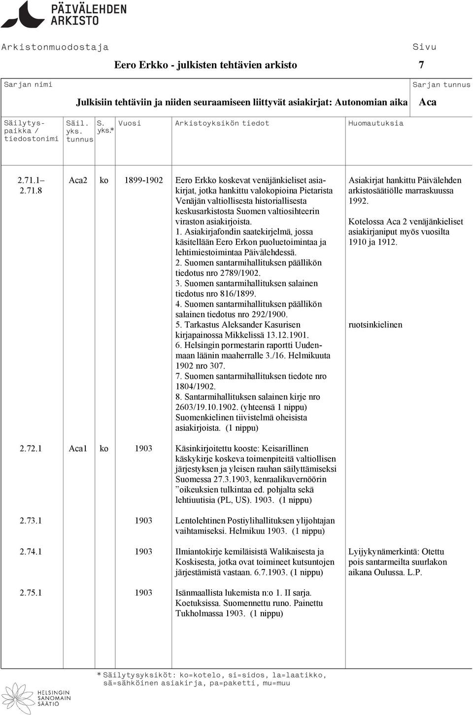 8 kirjat, jotka hankittu valokopioina Pietarista arkistosäätiölle marraskuussa Venäjän valtiollisesta historiallisesta 1992. keskusarkistosta Suomen valtiosihteerin viraston asiakirjoista.