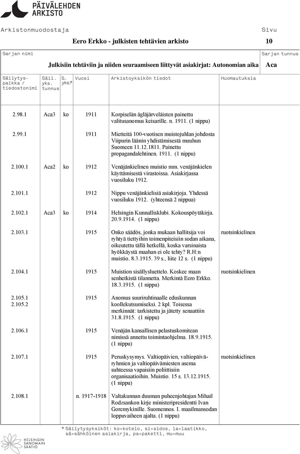 1811. Painettu propagandalehtinen. 1911. 2.100.1 Aca2 ko 1912 Venäjänkielinen muistio mm. venäjänkielen käyttämisestä virastoissa. Asiakirjassa vuosiluku 1912. 2.101.