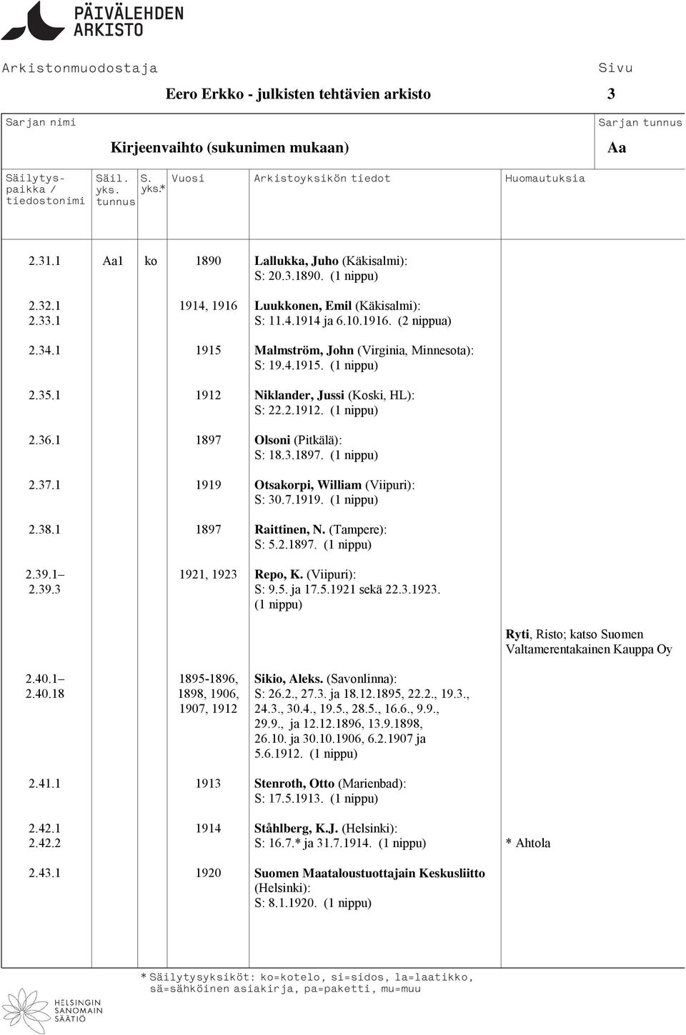 1 1919 Otsakorpi, William (Viipuri): S: 30.7.1919. 2.38.1 1897 Raittinen, N. (Tampere): S: 5.2.1897. 2.39.1 1921, 1923 Repo, K. (Viipuri): 2.39.3 S: 9.5. ja 17.5.1921 sekä 22.3.1923. Ryti, Risto; katso Suomen Valtamerentakainen Kauppa Oy 2.