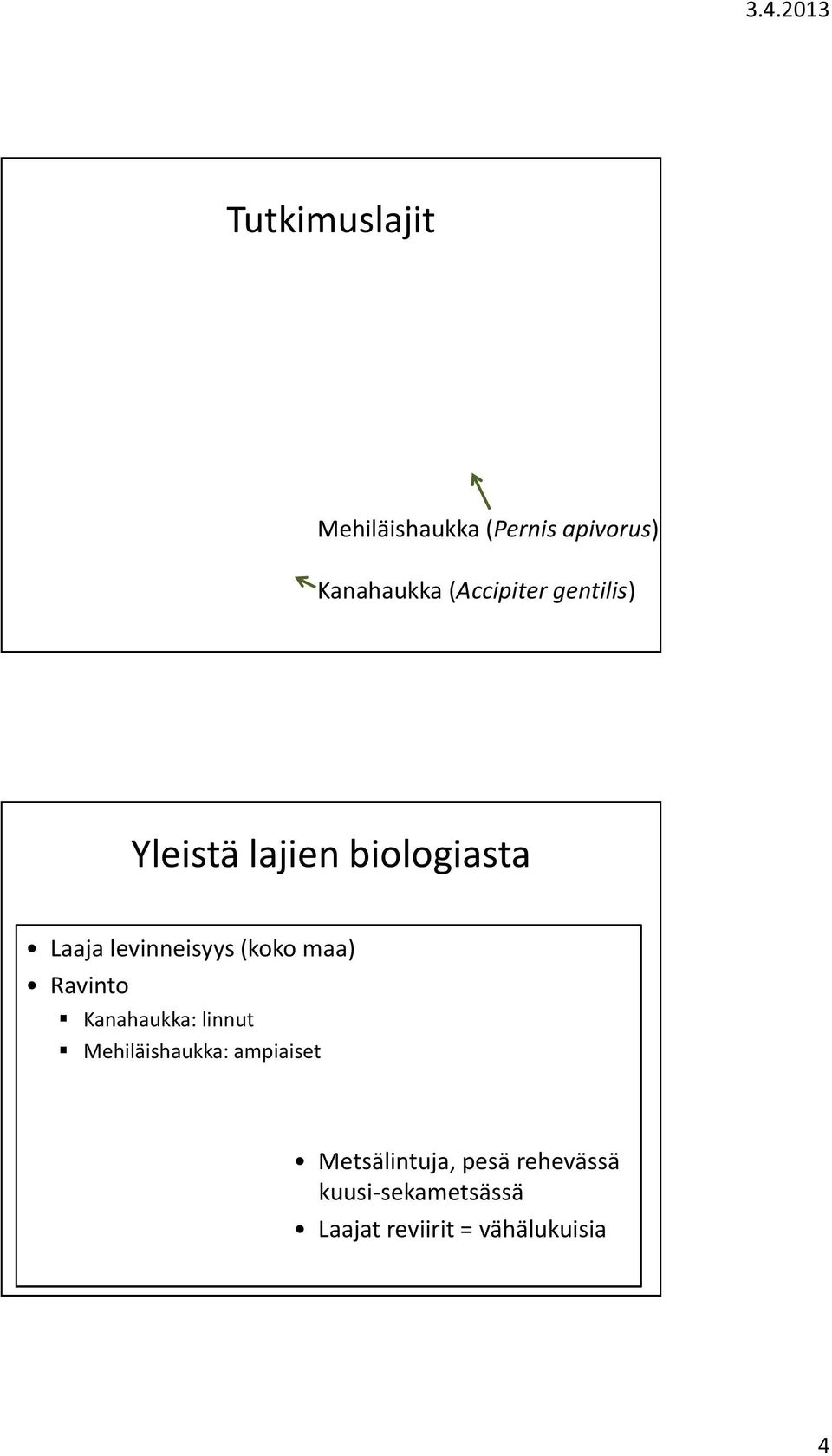 levinneisyys(koko maa) Ravinto Kanahaukka: linnut Mehiläishaukka: