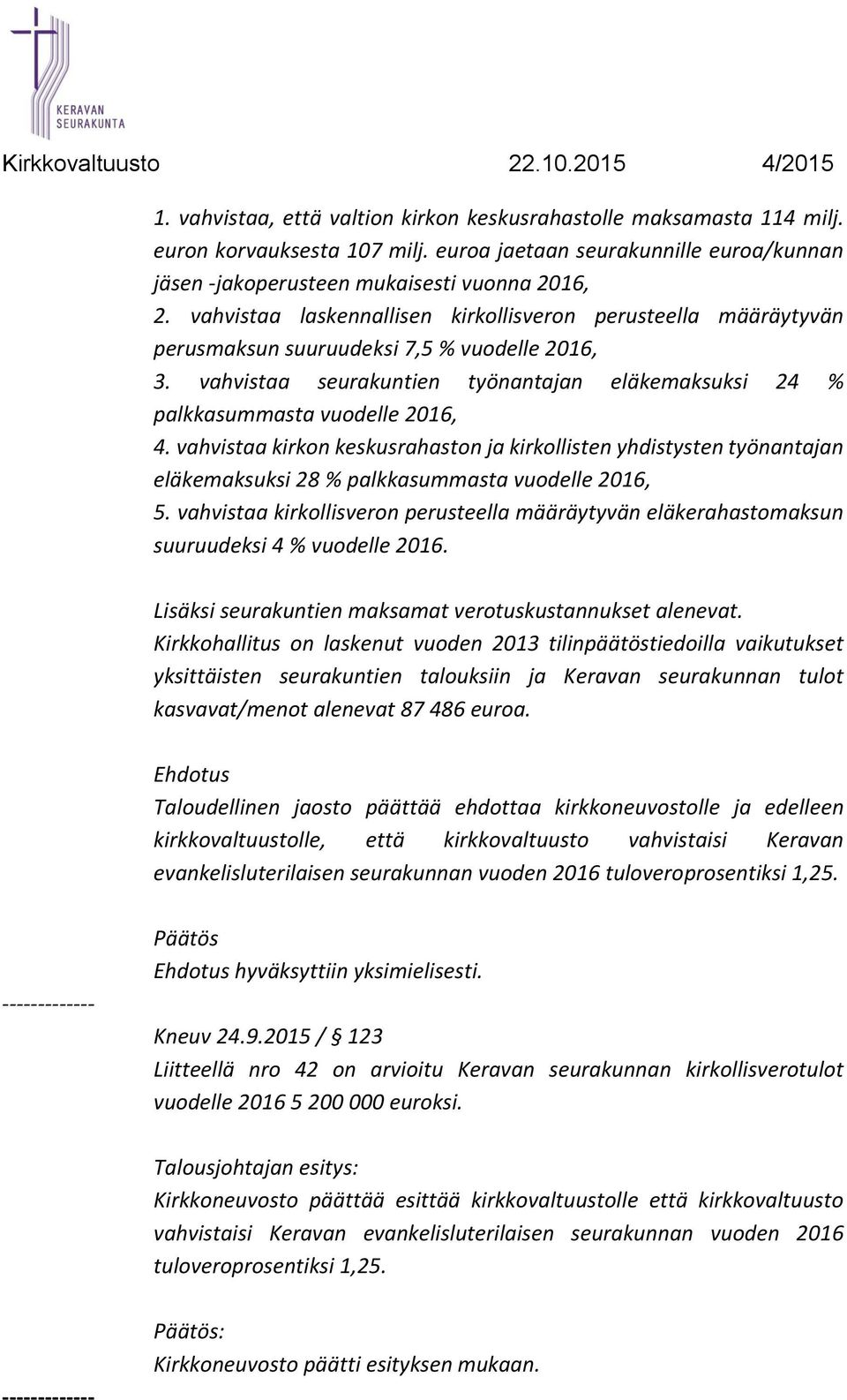 vahvistaa kirkon keskusrahaston ja kirkollisten yhdistysten työnantajan eläkemaksuksi 28 % palkkasummasta vuodelle 2016, 5.