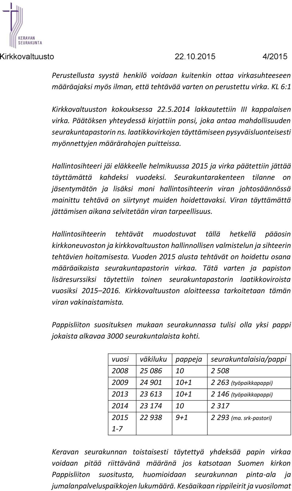 laatikkovirkojen täyttämiseen pysyväisluonteisesti myönnettyjen määrärahojen puitteissa. Hallintosihteeri jäi eläkkeelle helmikuussa 2015 ja virka päätettiin jättää täyttämättä kahdeksi vuodeksi.