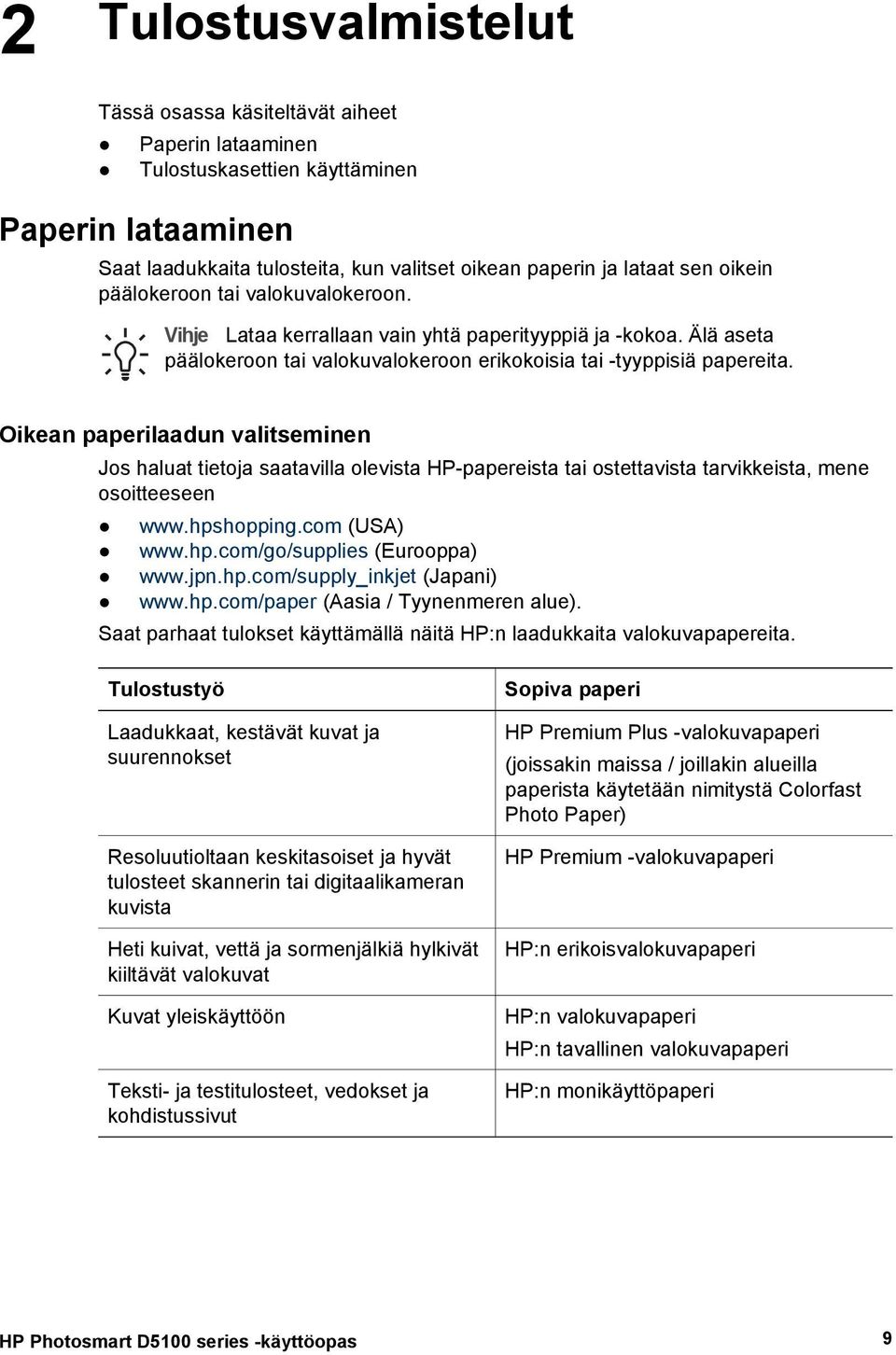 Oikean paperilaadun valitseminen Jos haluat tietoja saatavilla olevista HP-papereista tai ostettavista tarvikkeista, mene osoitteeseen www.hpshopping.com (USA) www.hp.com/go/supplies (Eurooppa) www.