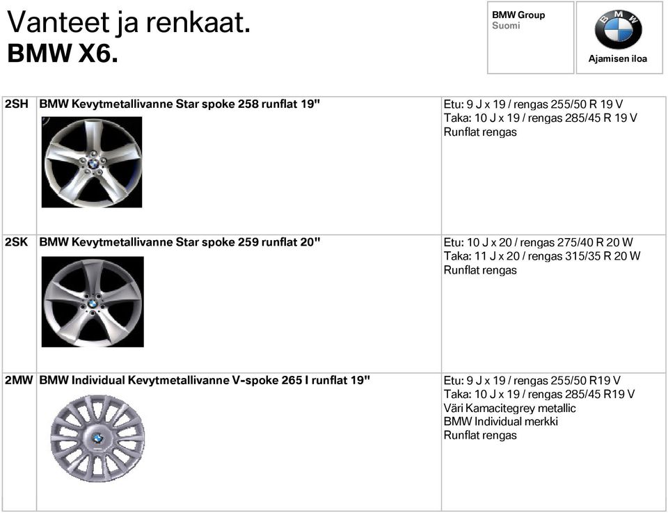 V Runflat rengas 2SK BMW Kevytmetallivanne Star spoke 259 runflat 20" Etu: 10 J x 20 / rengas 275/40 R 20 W Taka: 11 J x 20 /