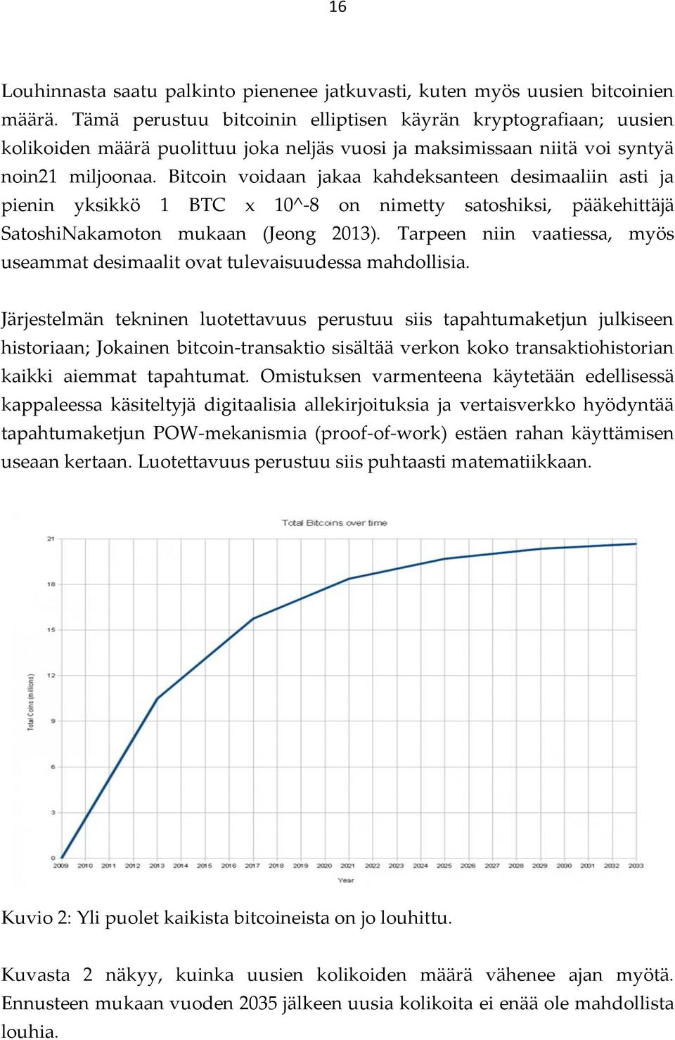 Bitcoin voidaan jakaa kahdeksanteen desimaaliin asti ja pienin yksikkö 1 BTC x 10^-8 on nimetty satoshiksi, pääkehittäjä SatoshiNakamoton mukaan (Jeong 2013).