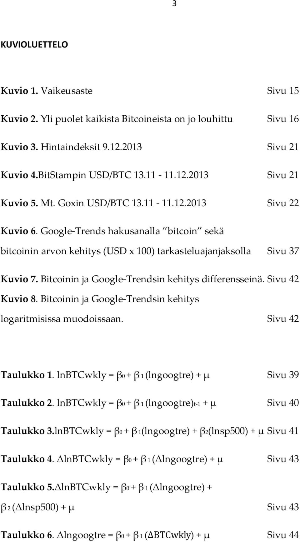 Bitcoinin ja Google-Trendsin kehitys differensseinä. Sivu 42 Kuvio 8. Bitcoinin ja Google-Trendsin kehitys logaritmisissa muodoissaan. Sivu 42 Taulukko 1.