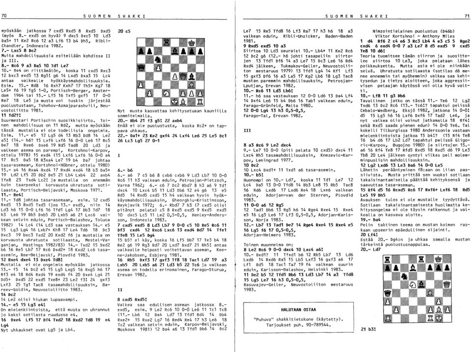 - Lf5 16 Txf5 gxfs 17 0-0 Re7 18 LeS ja musta voi tuskin järjestää puolustustaan, Tshehov-AzmajparashviLi, NeuvostoLiitto 1981. 11 Td?! Suurmestari Portischin suosikkisiirto.