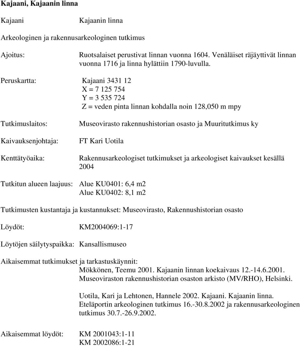 Peruskartta: Kajaani 3431 12 X = 7 125 754 Y = 3 535 724 Z = veden pinta linnan kohdalla noin 128,050 m mpy Tutkimuslaitos: Kaivauksenjohtaja: Kenttätyöaika: Museovirasto rakennushistorian osasto ja