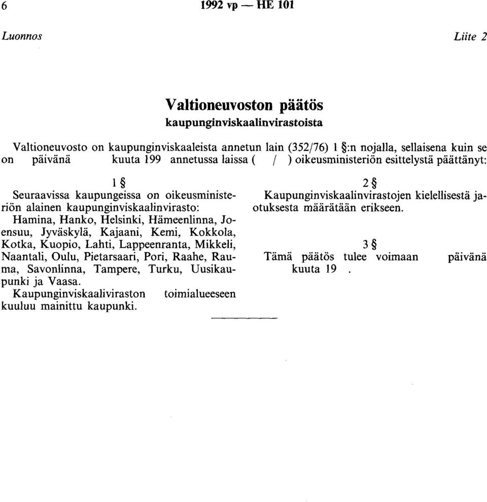 Hämeenlinna, Joensuu, Jyväskylä, Kajaani, Kemi, Kokkola, Kotka, Kuopio, Lahti, Lappeenranta, Mikkeli, Naantali, Oulu, Pietarsaari, Pori, Raahe, Rauma, Savonlinna, Tampere, Turku,