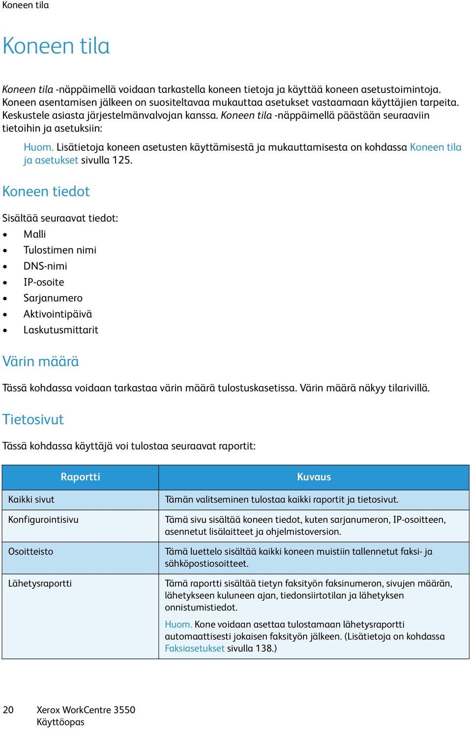 Koneen tila -näppäimellä päästään seuraaviin tietoihin ja asetuksiin: Huom. Lisätietoja koneen asetusten käyttämisestä ja mukauttamisesta on kohdassa Koneen tila ja asetukset sivulla 125.