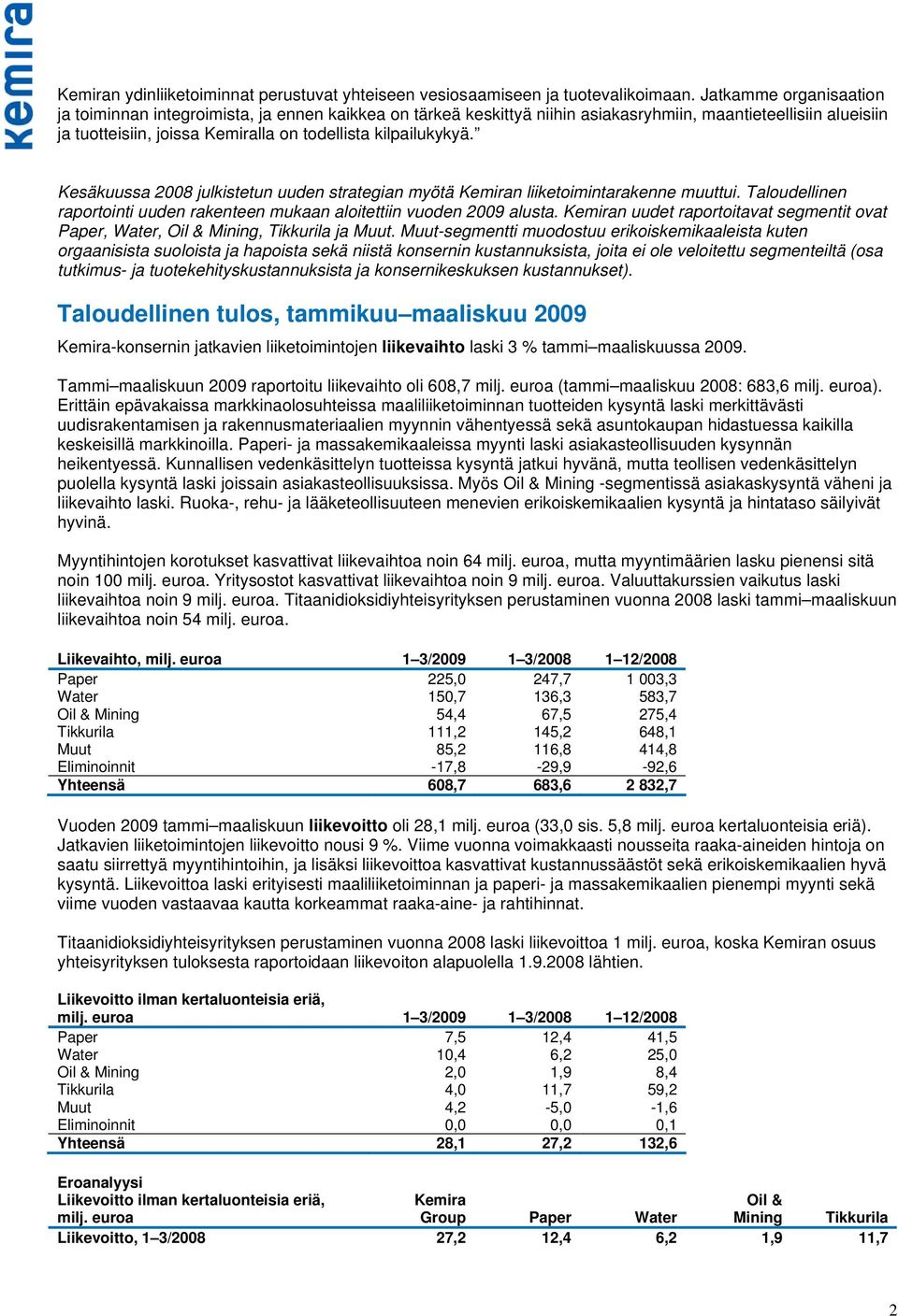 Kesäkuussa 2008 julkistetun uuden strategian myötä Kemiran liiketoimintarakenne muuttui. Taloudellinen raportointi uuden rakenteen mukaan aloitettiin vuoden 2009 alusta.