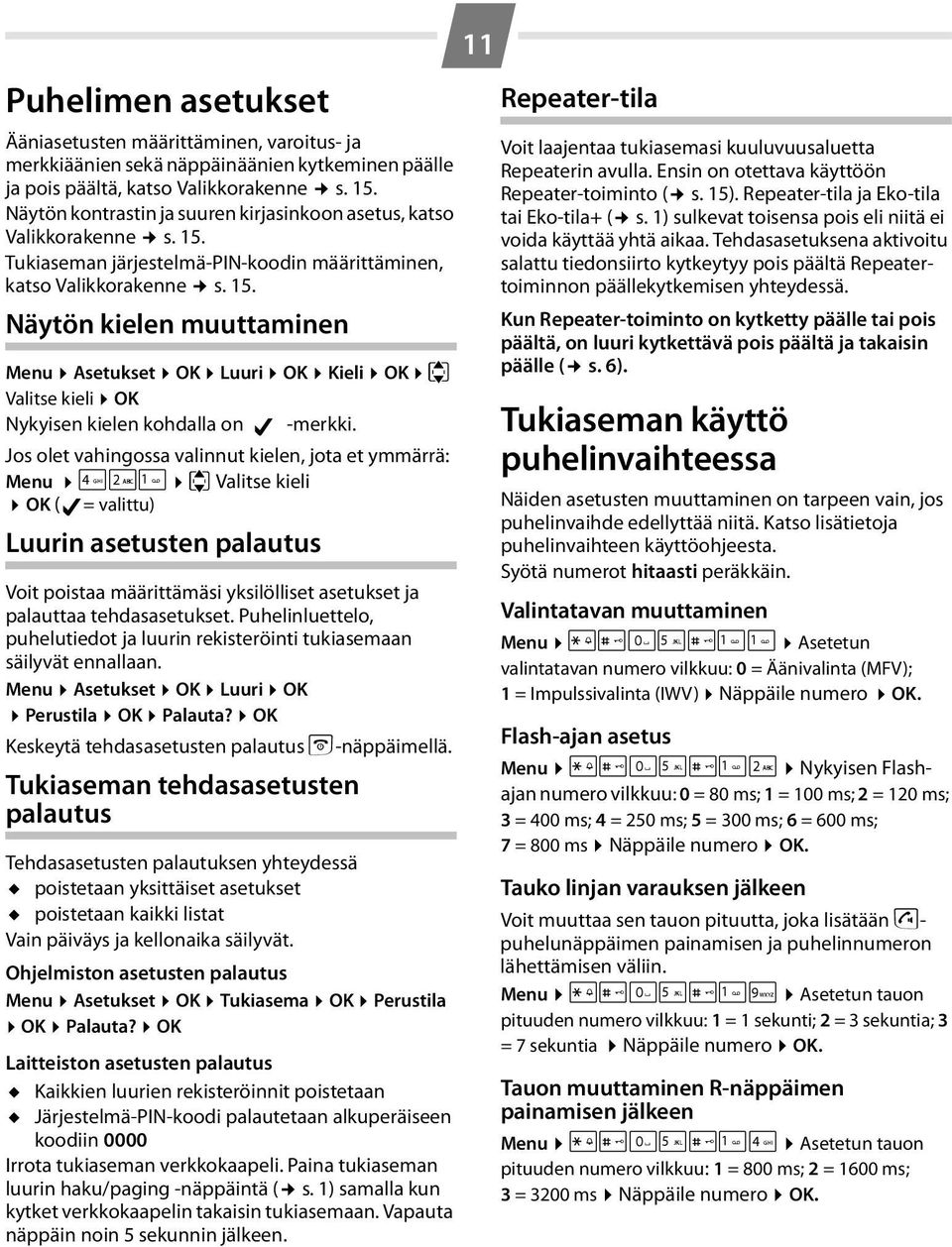 Jos olet vahingossa valinnut kielen, jota et ymmärrä: Menu 421 q Valitse kieli OK ( = valittu) Luurin asetusten palautus Voit poistaa määrittämäsi yksilölliset asetukset ja palauttaa tehdasasetukset.