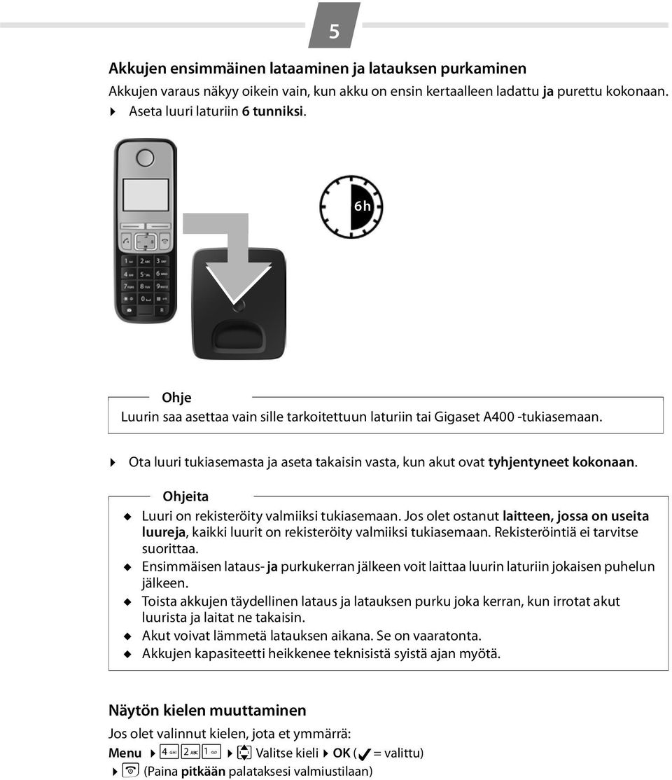 Ohjeita u Luuri on rekisteröity valmiiksi tukiasemaan. Jos olet ostanut laitteen, jossa on useita luureja, kaikki luurit on rekisteröity valmiiksi tukiasemaan. Rekisteröintiä ei tarvitse suorittaa.