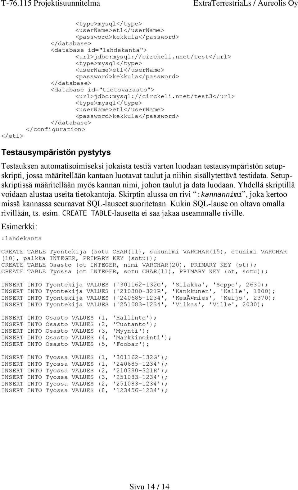 nnet/test3</url> <type>mysql</type> <username>etl</username> <password>kekkula</password> </database> </configuration> </etl> Testausympäristön pystytys Testauksen automatisoimiseksi jokaista testiä