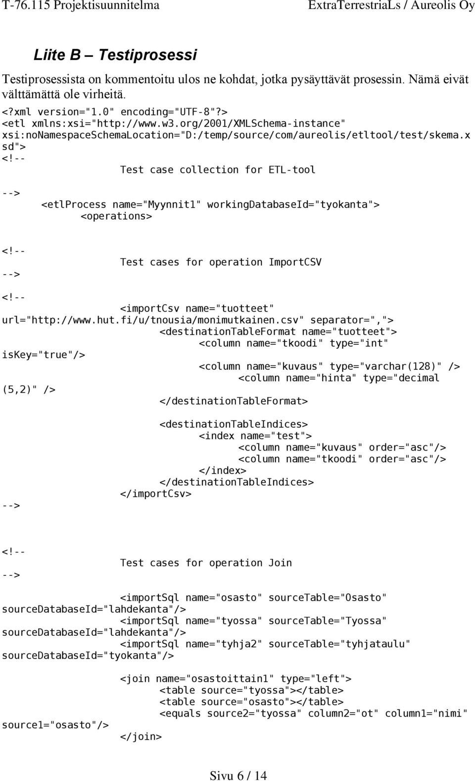 x sd"> Test case collection for ETL-tool <etlprocess name="myynnit1" workingdatabaseid="tyokanta"> <operations> Test cases for operation ImportCSV <importcsv name="tuotteet" url="http://www.hut.