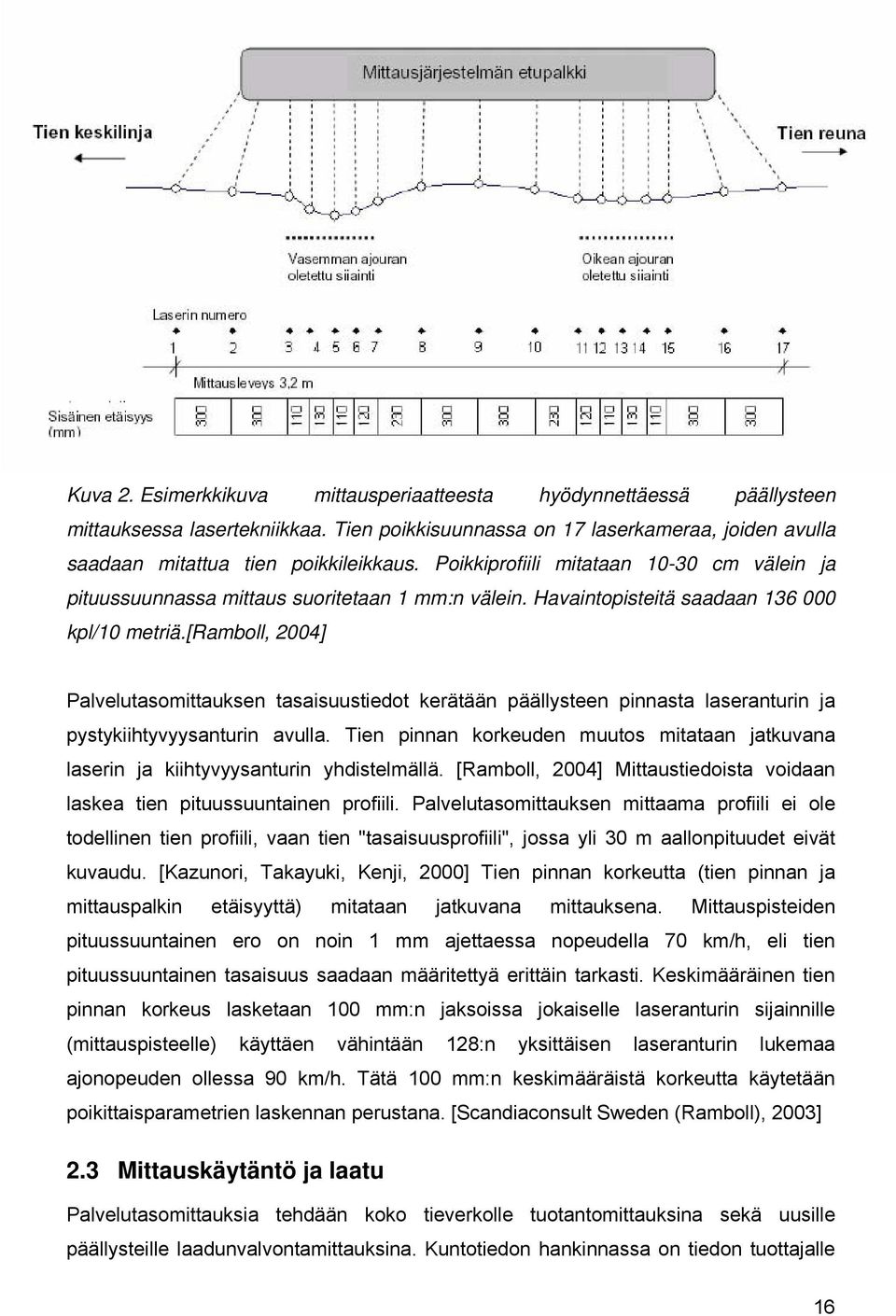 [ramboll, 2004] Palvelutasomittauksen tasaisuustiedot kerätään päällysteen pinnasta laseranturin ja pystykiihtyvyysanturin avulla.