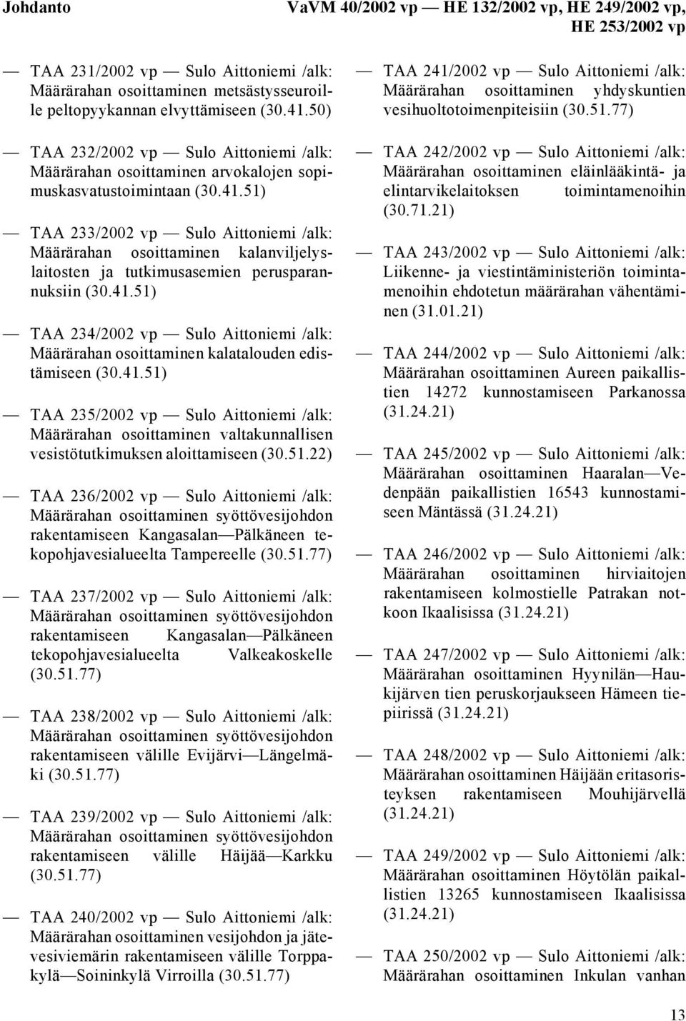 51) TAA 233/2002 vp Sulo Aittoniemi /alk: Määrärahan osoittaminen kalanviljelyslaitosten ja tutkimusasemien perusparannuksiin (30.41.
