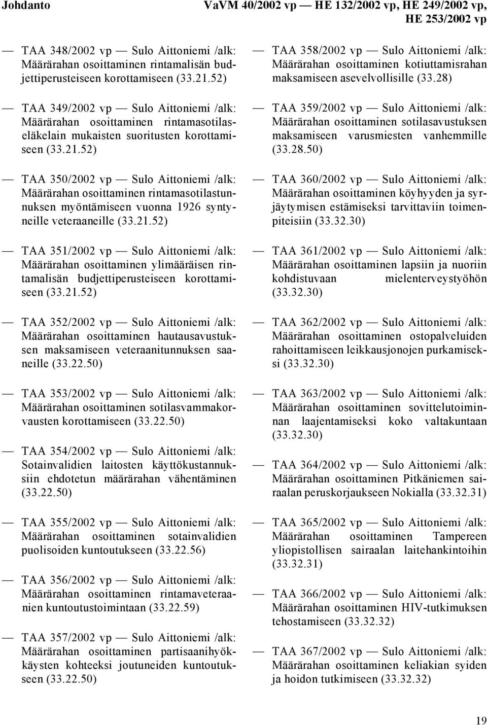 52) TAA 350/2002 vp Sulo Aittoniemi /alk: Määrärahan osoittaminen rintamasotilastunnuksen myöntämiseen vuonna 1926 syntyneille veteraaneille (33.21.