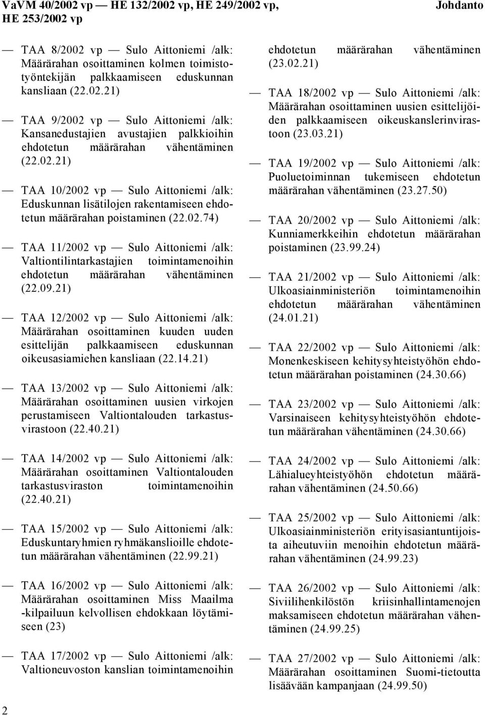 09.21) TAA 12/2002 vp Sulo Aittoniemi /alk: Määrärahan osoittaminen kuuden uuden esittelijän palkkaamiseen eduskunnan oikeusasiamiehen kansliaan (22.14.