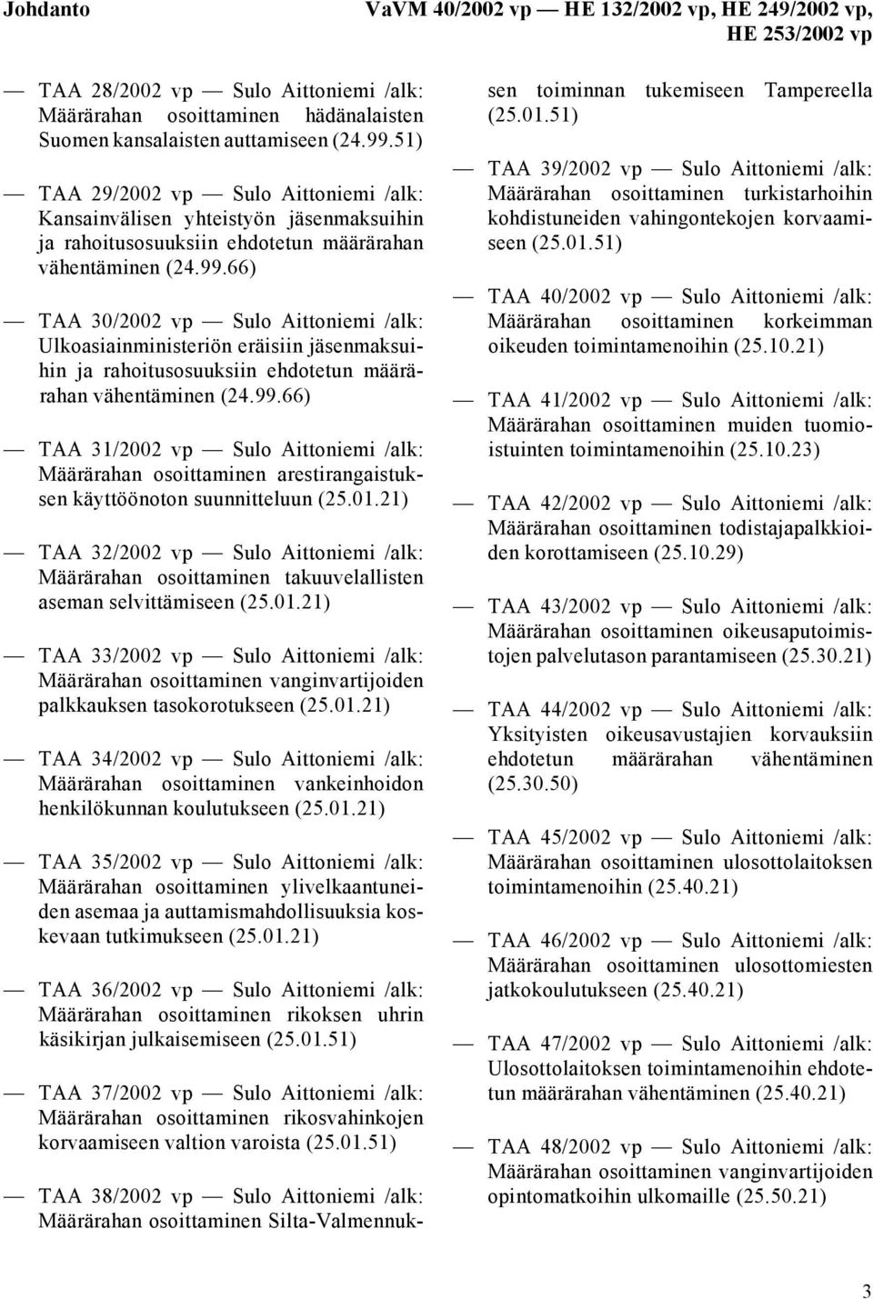 66) TAA 30/2002 vp Sulo Aittoniemi /alk: Ulkoasiainministeriön eräisiin jäsenmaksuihin ja rahoitusosuuksiin ehdotetun määrärahan vähentäminen (24.99.