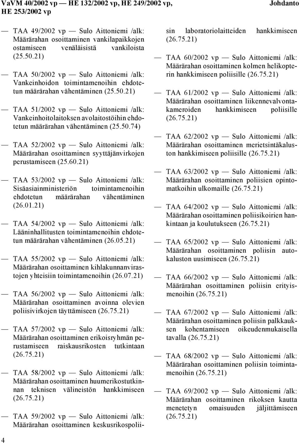 50.74) TAA 52/2002 vp Sulo Aittoniemi /alk: Määrärahan osoittaminen syyttäjänvirkojen perustamiseen (25.60.