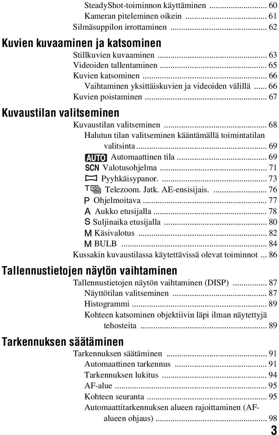 .. 68 Halutun tilan valitseminen kääntämällä toimintatilan valitsinta... 69 Automaattinen tila... 69 Valotusohjelma... 71 Pyyhkäisypanor.... 73 Telezoom. Jatk. AE-ensisijais.... 76 Ohjelmoitava.