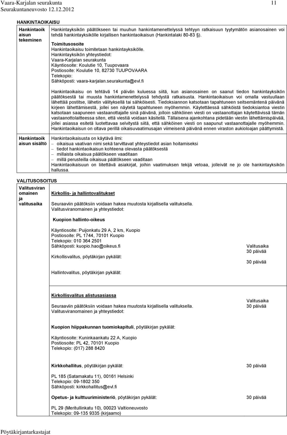 Hankintayksikön yhteystiedot: Vaara-Karjalan seurakunta Käyntiosoite: Koulutie 10, Tuupovaara Postiosoite: Koulutie 10, 82730 TUUPOVAARA Telekopio: Sähköposti: vaara-karjalan.seurakunta@evl.