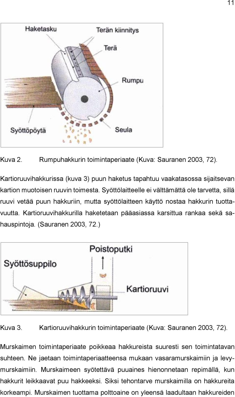 Kartioruuvihakkurilla haketetaan pääasiassa karsittua rankaa sekä sahauspintoja. (Sauranen 2003, 72.) Kuva 3. Kartioruuvihakkurin toimintaperiaate (Kuva: Sauranen 2003, 72).