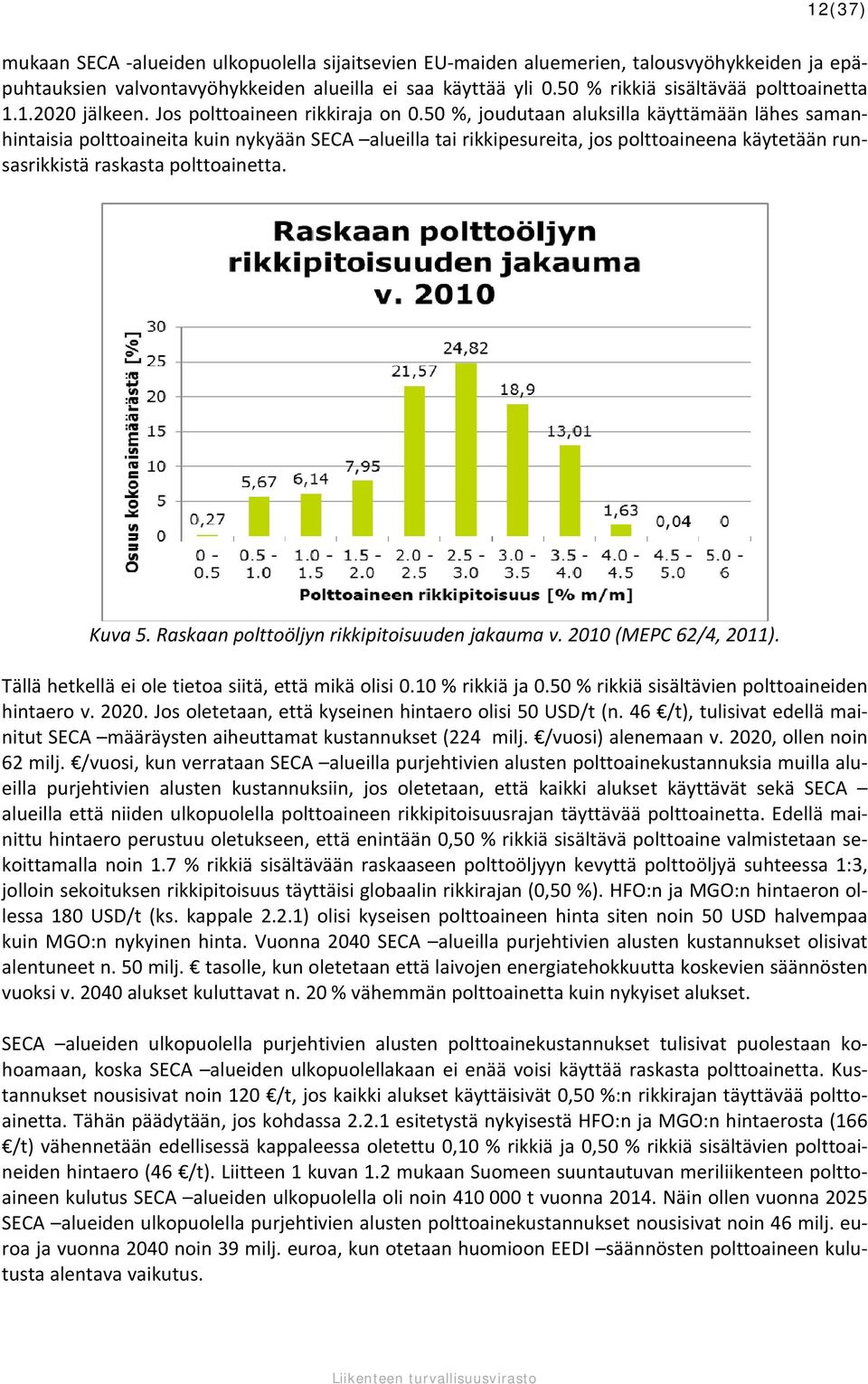 50 %, joudutaan aluksilla käyttämään lähes samanhintaisia polttoaineita kuin nykyään SECA alueilla tai rikkipesureita, jos polttoaineena käytetään runsasrikkistä raskasta polttoainetta. Kuva 5.