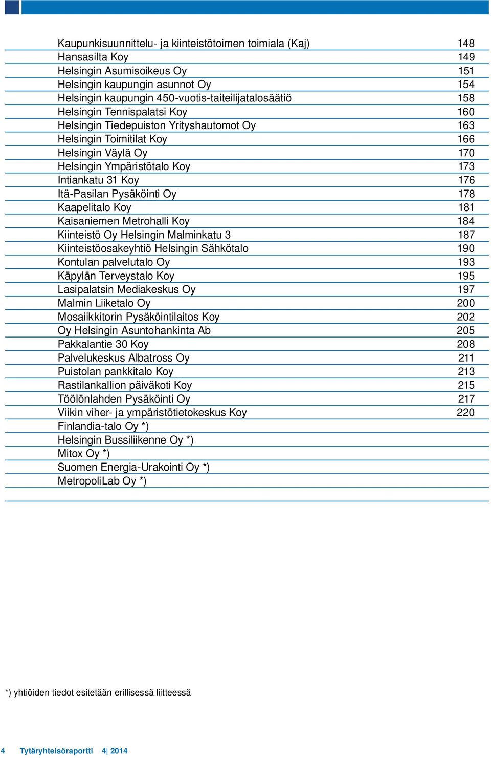 Pysäköinti Oy 178 Kaapelitalo Koy 181 Kaisaniemen Metrohalli Koy 184 Kiinteistö Oy Helsingin Malminkatu 3 187 Kiinteistöosakeyhtiö Helsingin Sähkötalo 190 Kontulan palvelutalo Oy 193 Käpylän