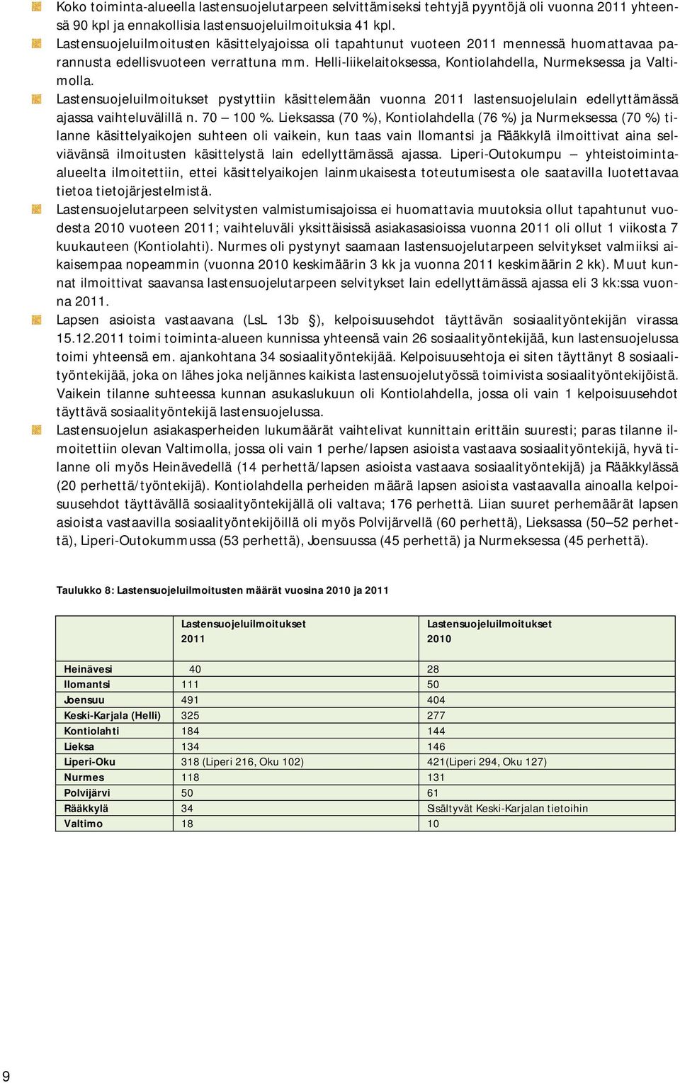 Lastensuojeluilmoitukset pystyttiin käsittelemään vuonna 2011 lastensuojelulain edellyttämässä ajassa vaihteluvälillä n. 70 100 %.