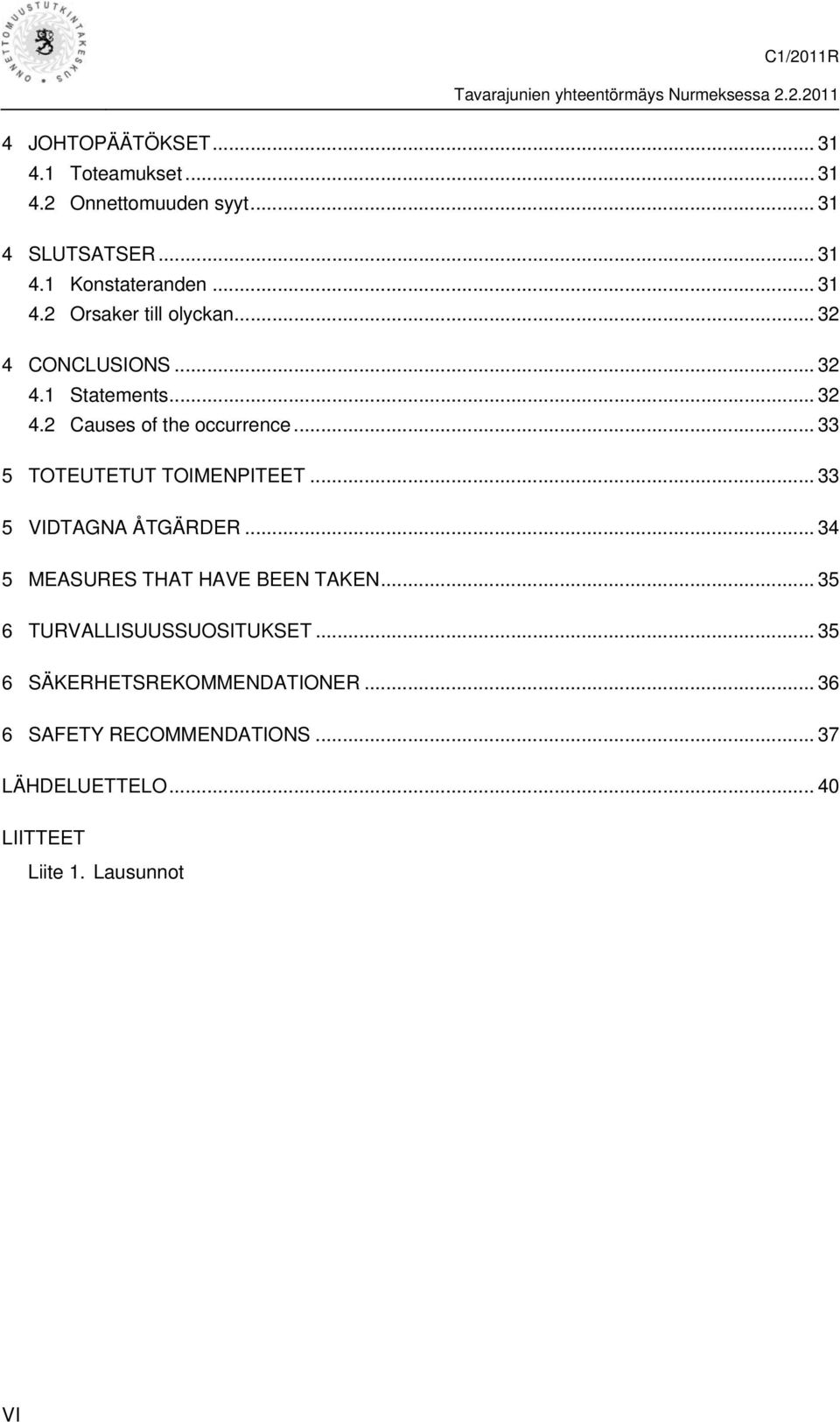 .. 33 5 TOTEUTETUT TOIMENPITEET... 33 5 VIDTAGNA ÅTGÄRDER... 34 5 MEASURES THAT HAVE BEEN TAKEN.