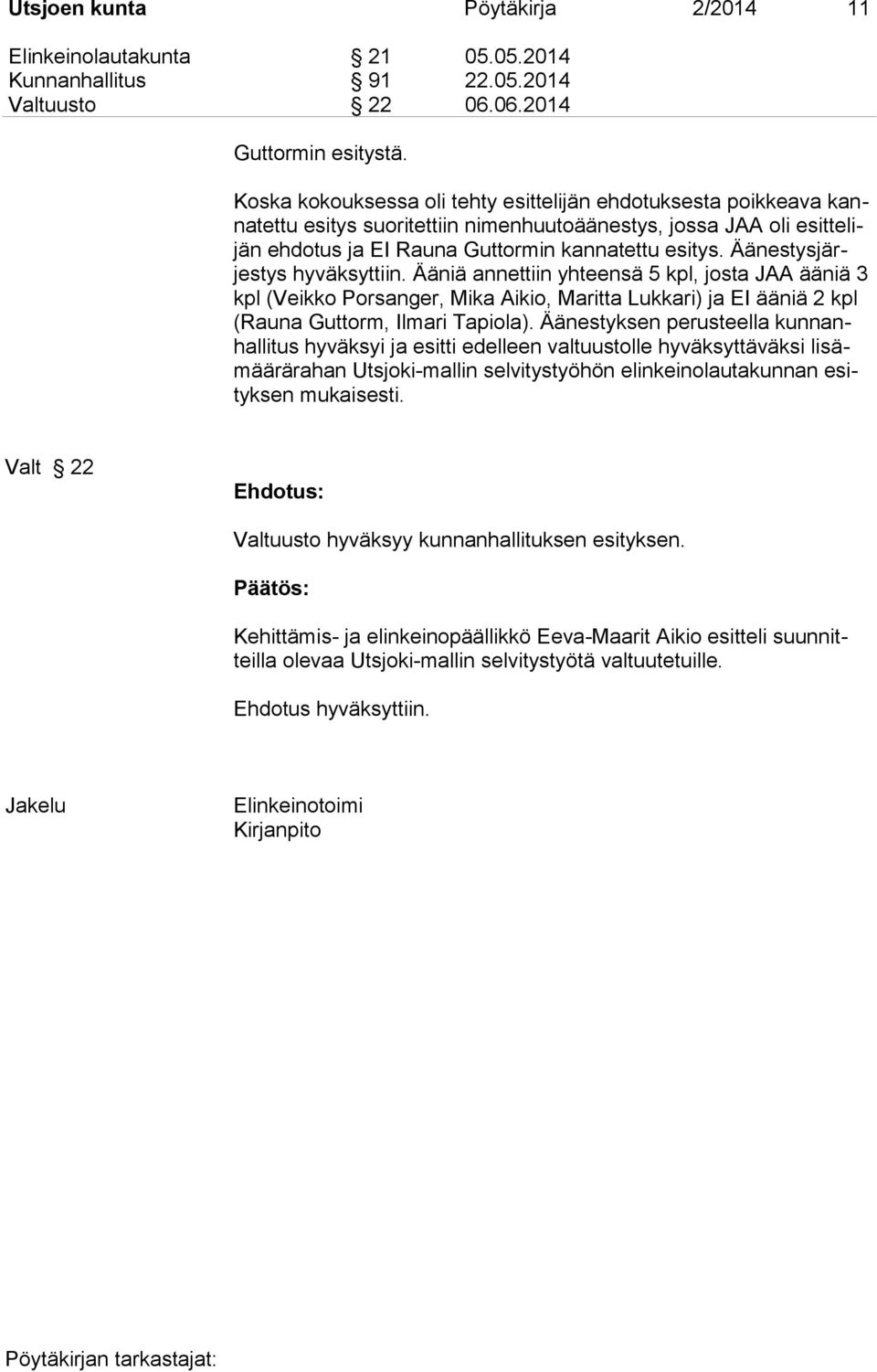 Äänestysjärjestys hyväksyttiin. Ääniä annettiin yhteensä 5 kpl, josta JAA ääniä 3 kpl (Veikko Porsanger, Mika Aikio, Maritta Lukkari) ja EI ääniä 2 kpl (Rauna Guttorm, Ilmari Tapiola).