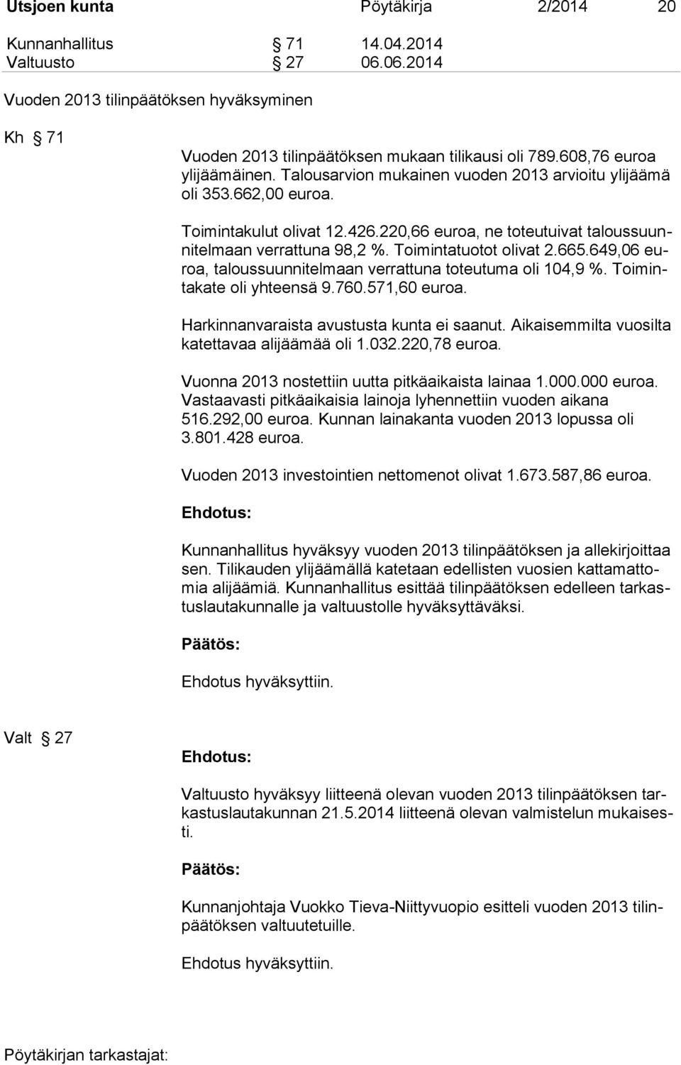 Toimintatuotot olivat 2.665.649,06 euroa, taloussuunnitelmaan verrattuna toteutuma oli 104,9 %. Toimintakate oli yhteensä 9.760.571,60 euroa. Harkinnanvaraista avustusta kunta ei saanut.