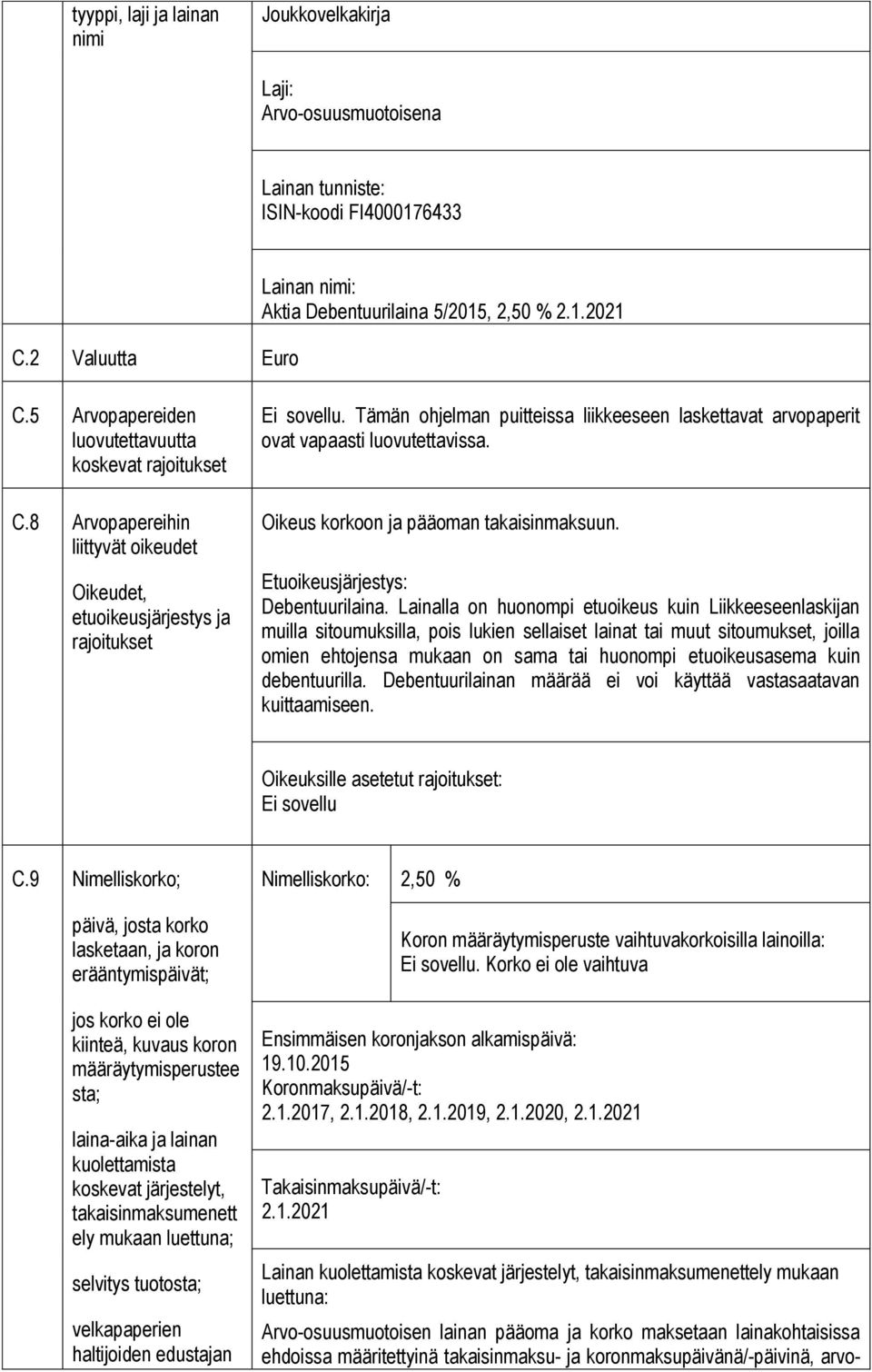 Tämän ohjelman puitteissa liikkeeseen laskettavat arvopaperit ovat vapaasti luovutettavissa. Oikeus korkoon ja pääoman takaisinmaksuun. Etuoikeusjärjestys: Debentuurilaina.