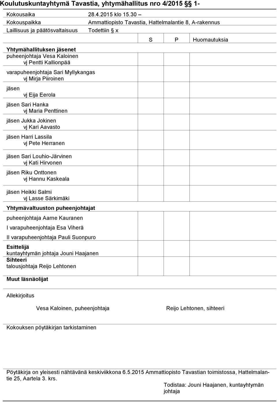 varapuheenjohtaja Sari Myllykangas vj Mirja Piiroinen jäsen vj Eija Eerola jäsen Sari Hanka vj Maria Penttinen jäsen Jukka Jokinen vj Kari Aavasto jäsen Harri Lassila vj Pete Herranen jäsen Sari