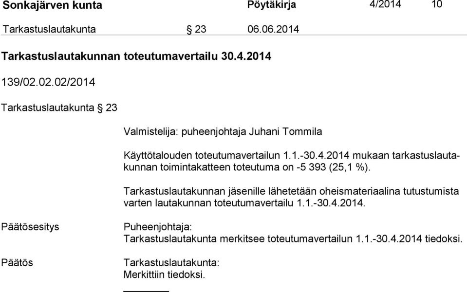 Tarkastuslautakunnan jäsenille lähetetään oheismateriaalina tutustumista var ten lautakunnan toteutumavertailu 1.1.-30.4.2014.