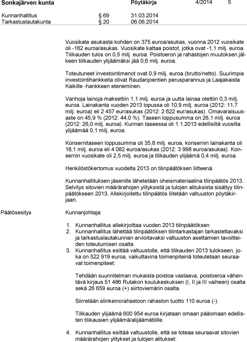 euroa (brutto/netto). Suurimpia in ves toin ti hank kei ta olivat Raudanjoentien perusparannus ja Laajakaista Kai kil le -hankkeen eteneminen. Vanhoja lainoja maksettiin 1,1 milj.