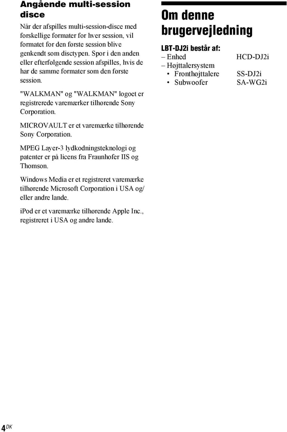 MICROVAULT er et varemærke tilhørende Sony Corporation. MPEG Layer-3 lydkodningsteknologi og patenter er på licens fra Fraunhofer IIS og Thomson.