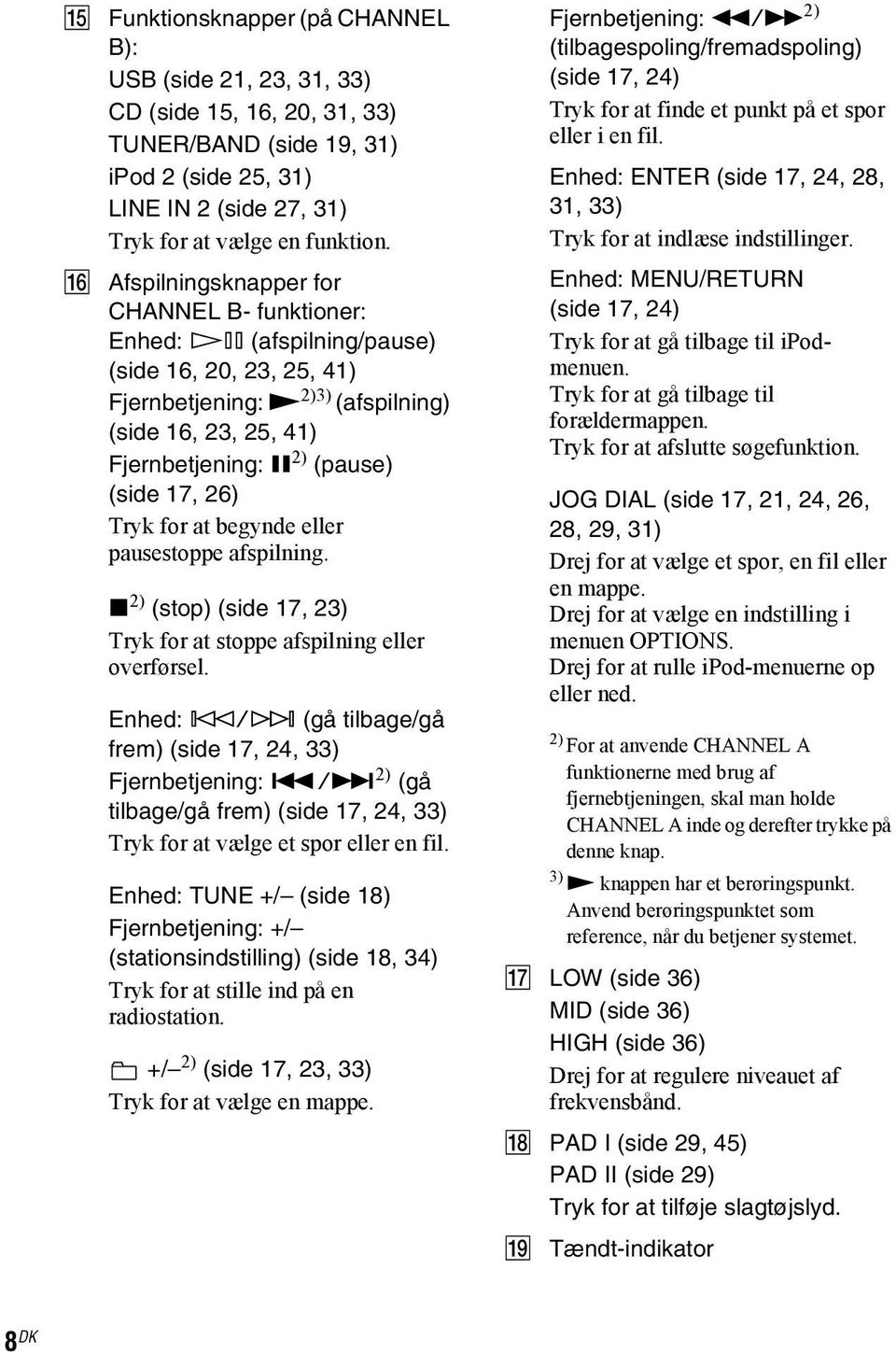 26) Tryk for at begynde eller pausestoppe afspilning. x 2) (stop) (side 17, 23) Tryk for at stoppe afspilning eller overførsel. Enhed: l/l (gå tilbage/gå frem) (side 17, 24, 33) Fjernbetjening:.