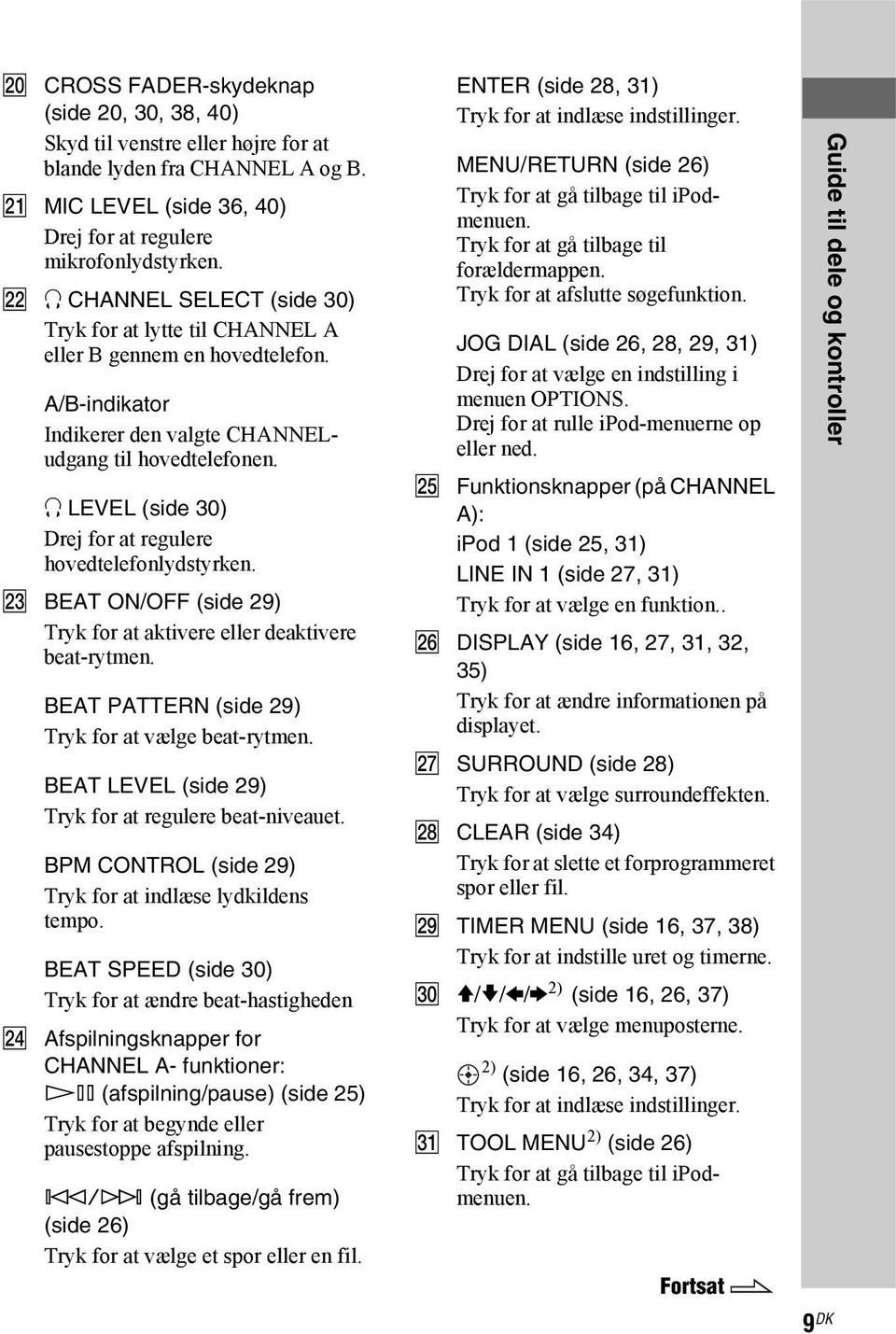 i LEVEL (side 30) Drej for at regulere hovedtelefonlydstyrken. W BEAT ON/OFF (side 29) Tryk for at aktivere eller deaktivere beat-rytmen. BEAT PATTERN (side 29) Tryk for at vælge beat-rytmen.