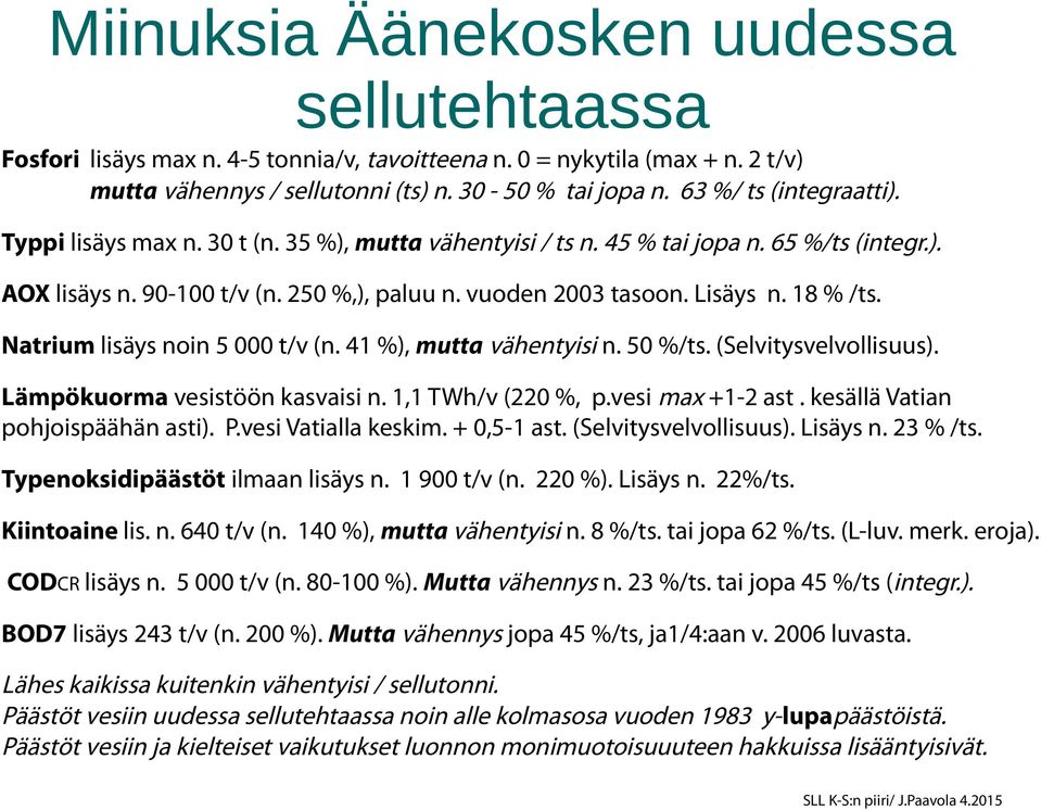 18 % /ts. Natrium lisäys noin 5 000 t/v (n. 41 %), mutta vähentyisi n. 50 %/ts. (Selvitysvelvollisuus). Lämpökuorma vesistöön kasvaisi n. 1,1 TWh/v (220 %, p.vesi max +1-2 ast.